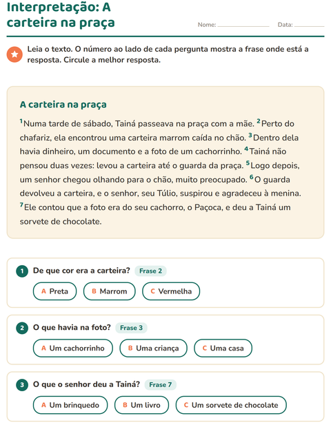 Pré-visualização da ficha de Interpretação de texto para 2º ano do ensino fundamental