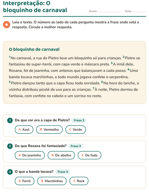 Pré-visualização da ficha de Interpretação de texto para 2º ano do ensino fundamental