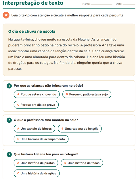 Pré-visualização da ficha de Interpretação de texto para 2º ano do ensino fundamental