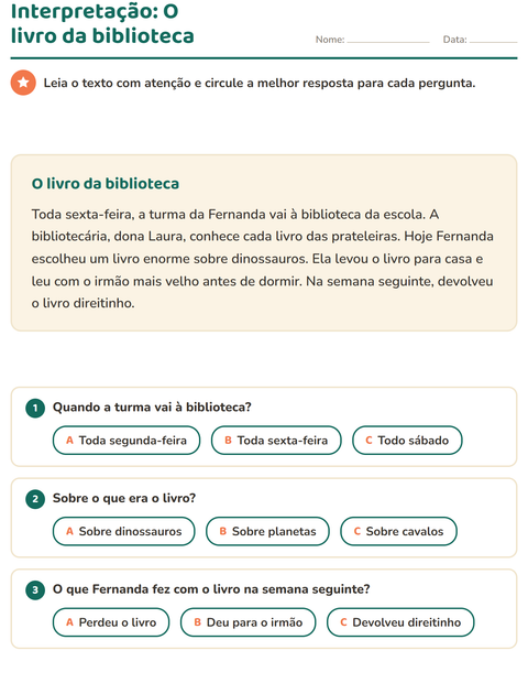 Pré-visualização da ficha de Interpretação de texto para 2º ano do ensino fundamental