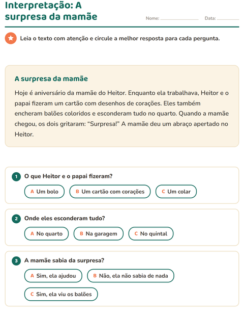 Pré-visualização da ficha de Interpretação de texto para 2º ano do ensino fundamental