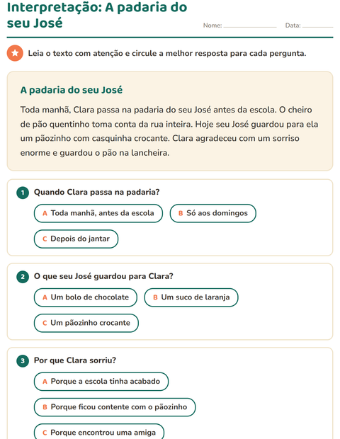 Interpretação de texto: A padaria do seu José