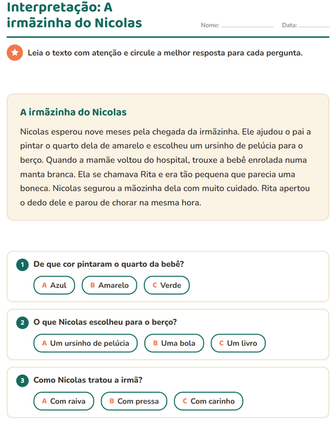 Pré-visualização da ficha de Interpretação de texto para 2º ano do ensino fundamental