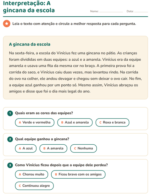 Pré-visualização da ficha de Interpretação de texto para 2º ano do ensino fundamental