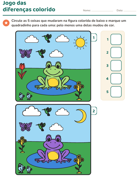Jogo das diferenças colorido: sapo na lagoa
