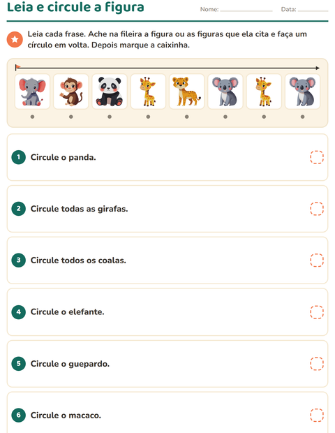 Leia e circule a figura: ache o animal do zoológico que a frase cita