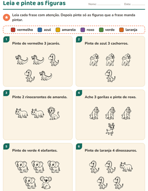 Pré-visualização da ficha de Leia e pinte com Animais do zoológico PB para 1º ano do ensino fundamental