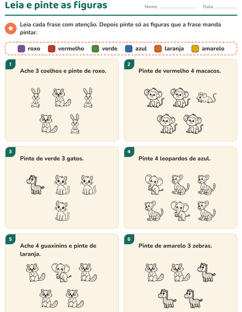 Pré-visualização da ficha de Leia e pinte com Animais PB 2 para 1º ano do ensino fundamental