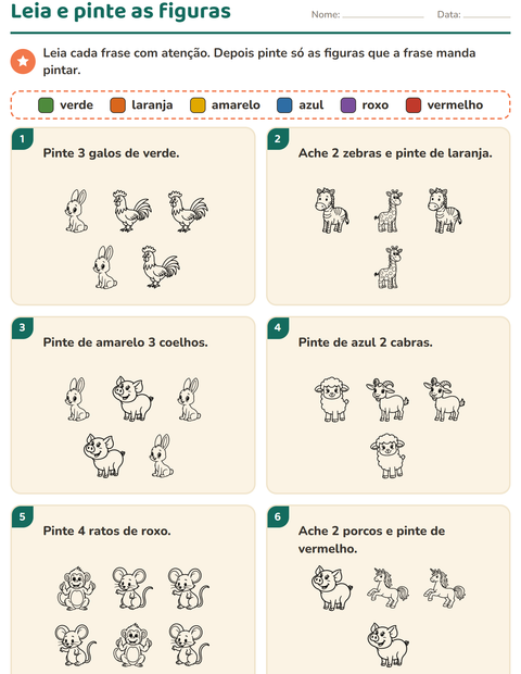 Pré-visualização da ficha de Leia e pinte com Animais PB 4 para 1º ano do ensino fundamental