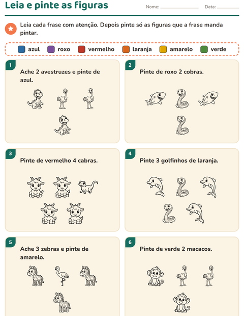 Pré-visualização da ficha de Leia e pinte com Animais PB 5 para 1º ano do ensino fundamental