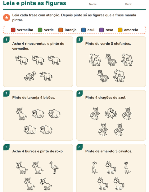 Pré-visualização da ficha de Leia e pinte com Animais PB para 1º ano do ensino fundamental