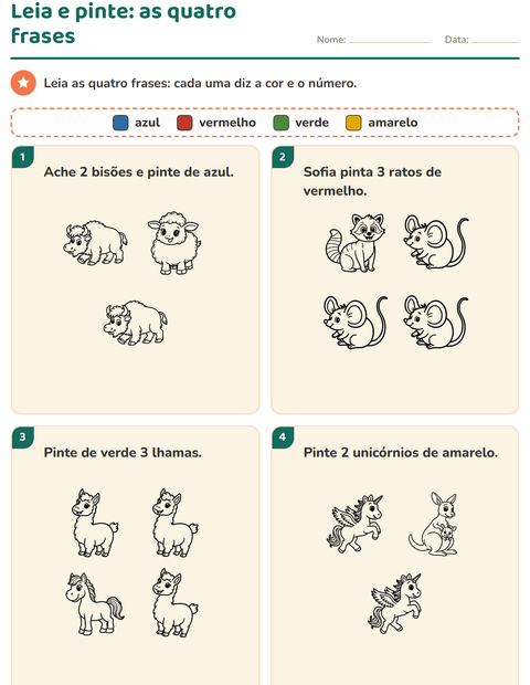 Leia e pinte: quatro frases com animais e quatro cores