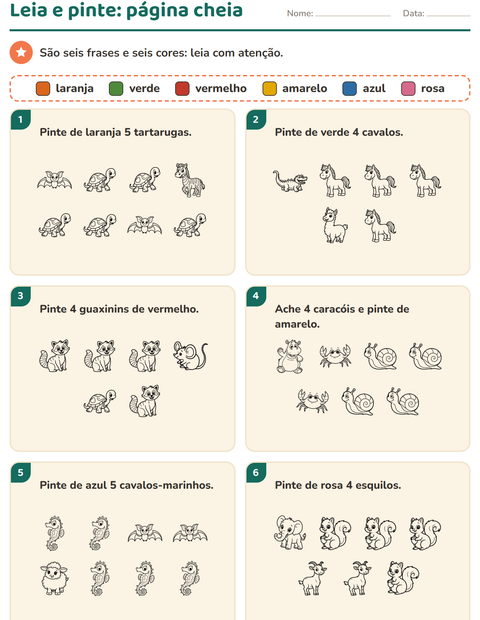 Pré-visualização da ficha de Leia e pinte com Animais PB para 1º ano do ensino fundamental