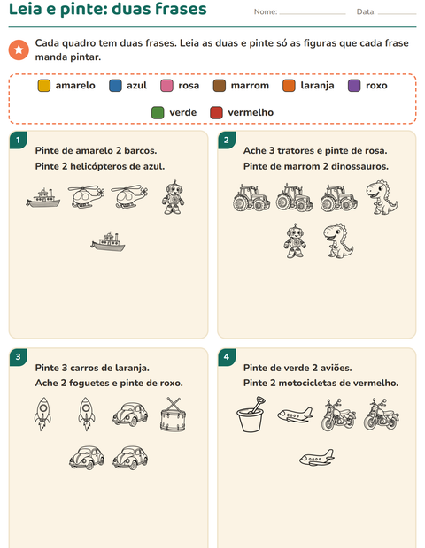 Pré-visualização da ficha de Leia e pinte com Brinquedos PB para 1º ano do ensino fundamental