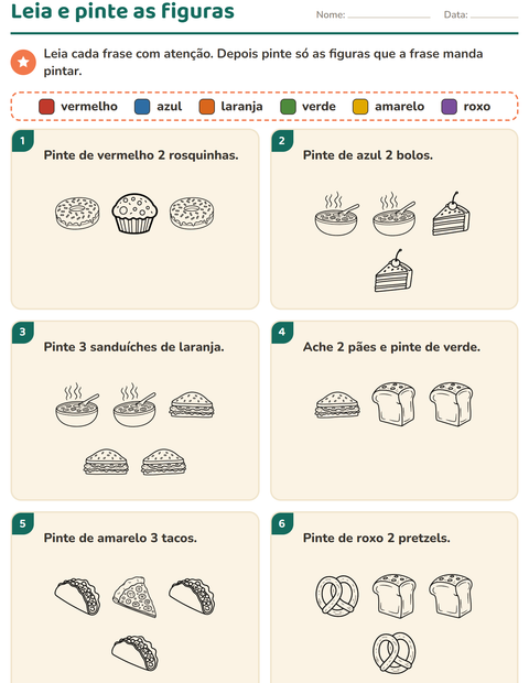 Pré-visualização da ficha de Leia e pinte com Comida PB 2 para 1º ano do ensino fundamental