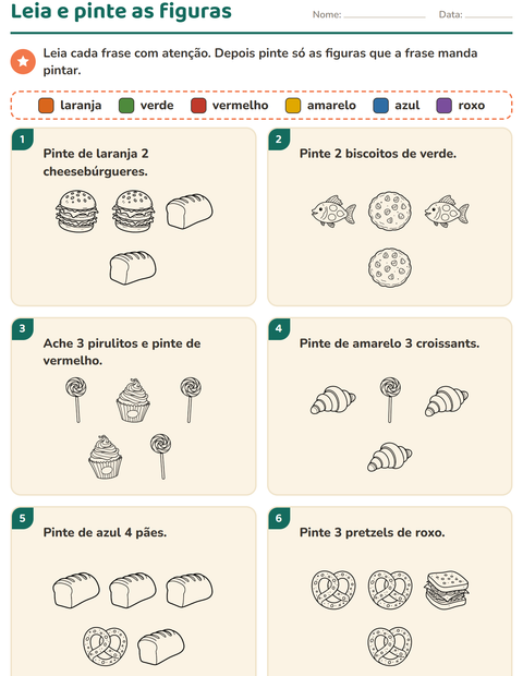 Pré-visualização da ficha de Leia e pinte com Comida PB para 1º ano do ensino fundamental
