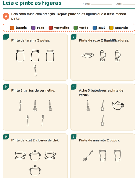 Pré-visualização da ficha de Leia e pinte com Cozinha PB para 1º ano do ensino fundamental