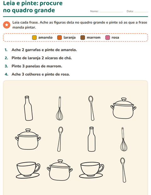 Pré-visualização da ficha de Leia e pinte com Cozinha PB para 1º ano do ensino fundamental