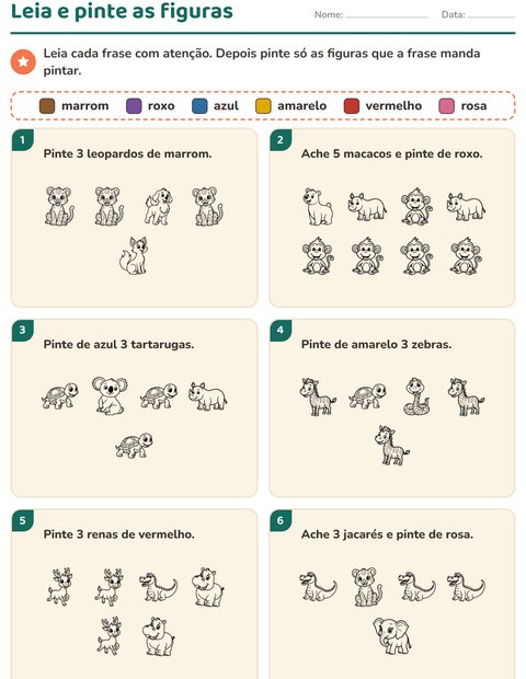 Pré-visualização da ficha de Leia e pinte com Animais do zoológico PB para 1º ano do ensino fundamental
