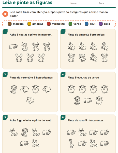 Pré-visualização da ficha de Leia e pinte com Animais PB 2 para 1º ano do ensino fundamental