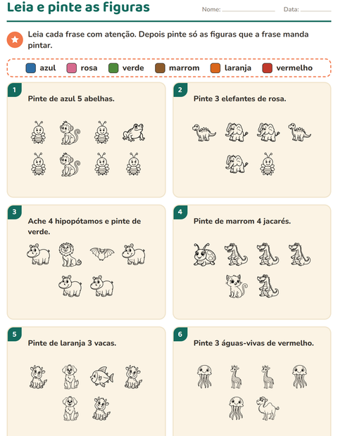 Pré-visualização da ficha de Leia e pinte com Animais PB 3 para 1º ano do ensino fundamental