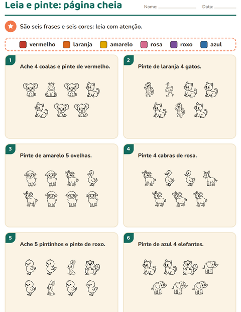 Pré-visualização da ficha de Leia e pinte com Animais PB 4 para 1º ano do ensino fundamental