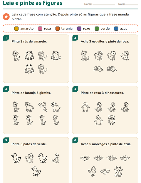 Pré-visualização da ficha de Leia e pinte com Animais PB 5 para 1º ano do ensino fundamental