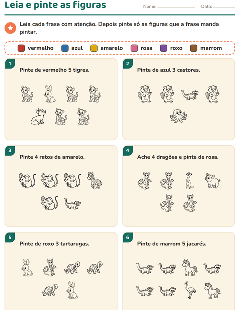 Pré-visualização da ficha de Leia e pinte com Animais PB para 1º ano do ensino fundamental