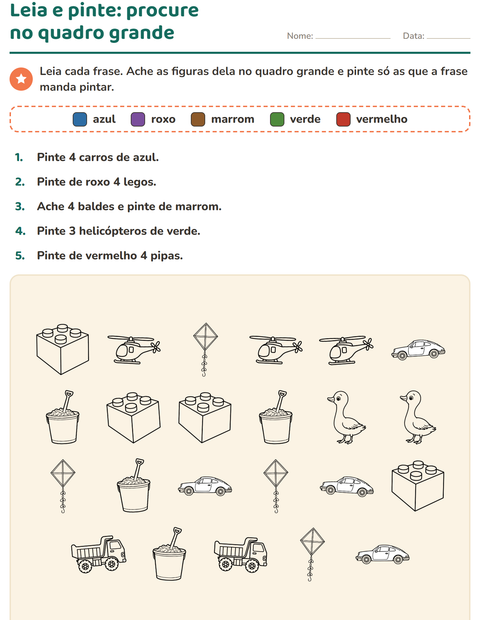 Pré-visualização da ficha de Leia e pinte com Brinquedos PB 2 para 1º ano do ensino fundamental