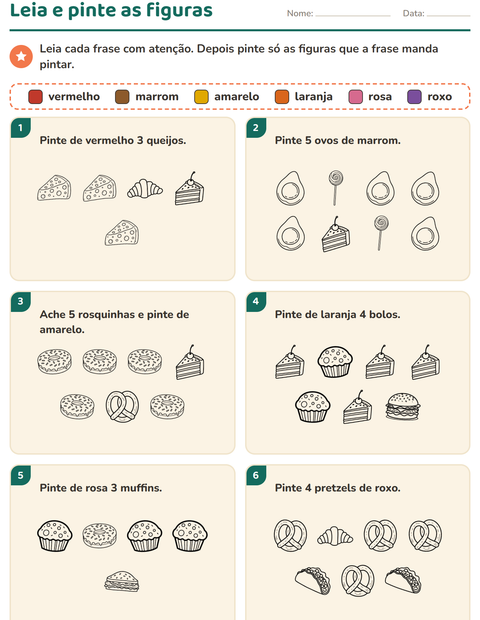 Pré-visualização da ficha de Leia e pinte com Comida PB 2 para 1º ano do ensino fundamental