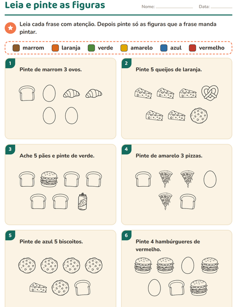 Pré-visualização da ficha de Leia e pinte com Comida PB 3 para 1º ano do ensino fundamental