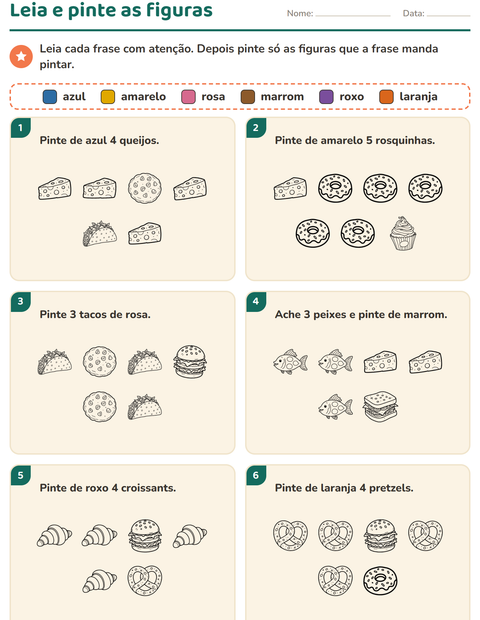Pré-visualização da ficha de Leia e pinte com Comida PB para 1º ano do ensino fundamental