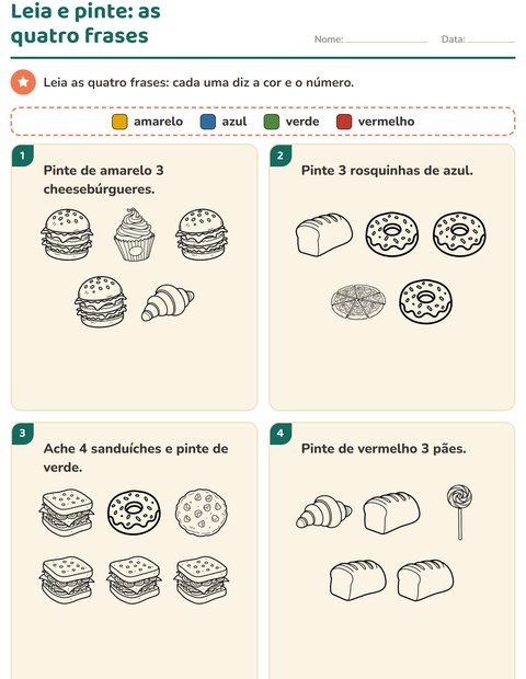 Pré-visualização da ficha de Leia e pinte com Comida PB para 1º ano do ensino fundamental