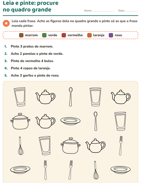 Pré-visualização da ficha de Leia e pinte com Cozinha PB para 1º ano do ensino fundamental