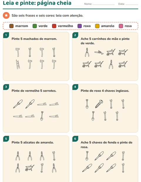 Pré-visualização da ficha de Leia e pinte com Ferramentas PB para 1º ano do ensino fundamental