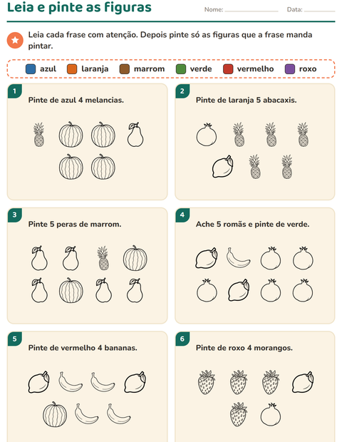 Pré-visualização da ficha de Leia e pinte com Frutas PB para 1º ano do ensino fundamental