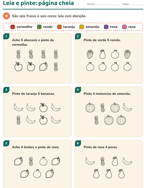 Pré-visualização da ficha de Leia e pinte com Frutas PB para 1º ano do ensino fundamental