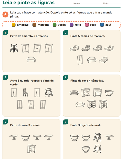 Pré-visualização da ficha de Leia e pinte com Móveis PB para 1º ano do ensino fundamental