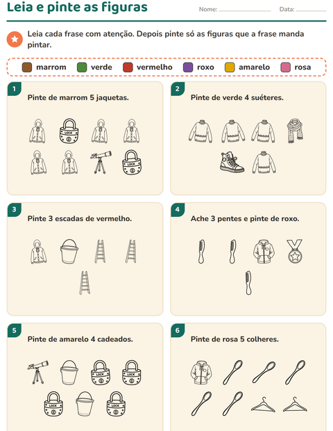 Pré-visualização da ficha de Leia e pinte com Objetos PB para 1º ano do ensino fundamental