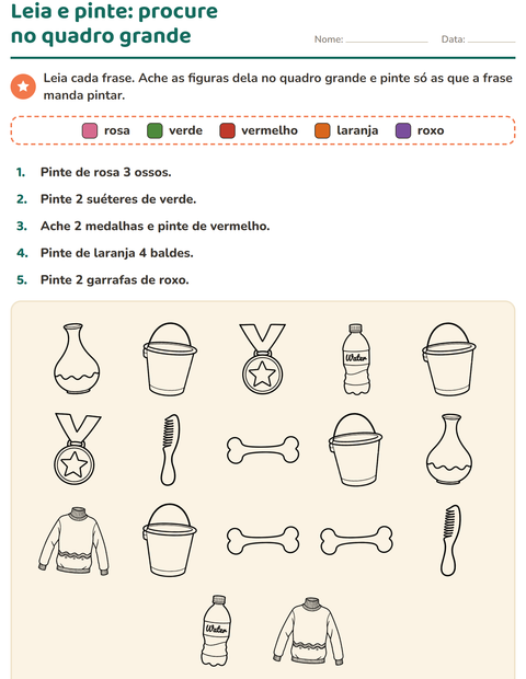 Pré-visualização da ficha de Leia e pinte com Objetos PB para 1º ano do ensino fundamental