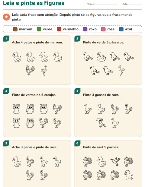 Pré-visualização da ficha de Leia e pinte com Pássaros P&B 2 para 1º ano do ensino fundamental
