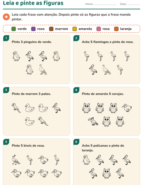 Pré-visualização da ficha de Leia e pinte com Pássaros P&B para 1º ano do ensino fundamental