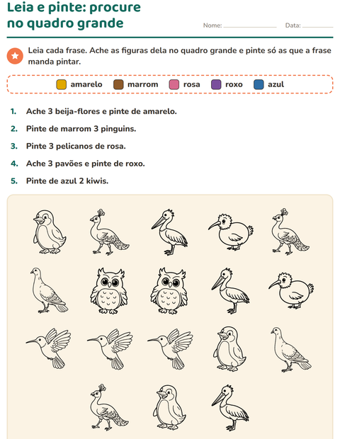 Pré-visualização da ficha de Leia e pinte com Pássaros P&B para 1º ano do ensino fundamental