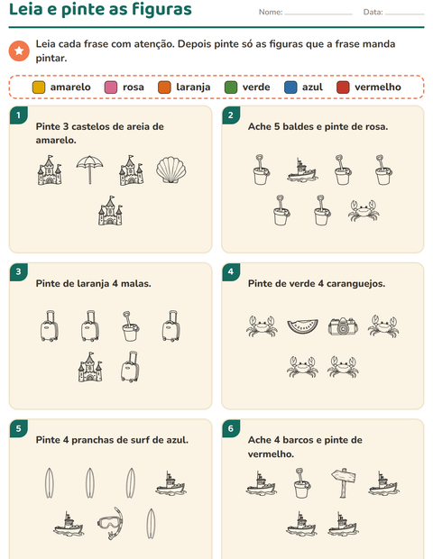 Pré-visualização da ficha de Leia e pinte com Praia PB 2 para 1º ano do ensino fundamental
