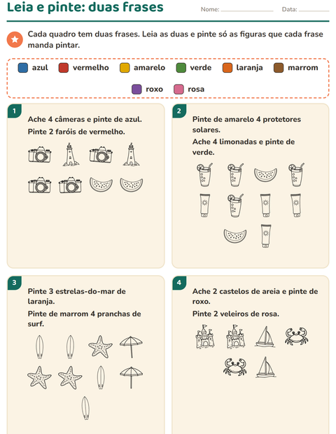 Pré-visualização da ficha de Leia e pinte com Praia PB para 1º ano do ensino fundamental