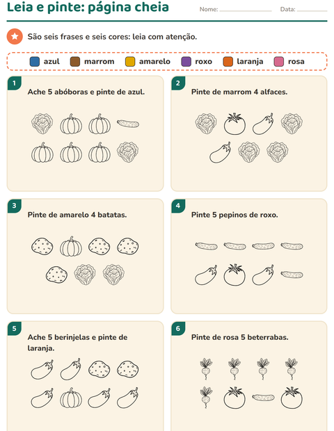 Pré-visualização da ficha de Leia e pinte com Vegetais PB para 1º ano do ensino fundamental
