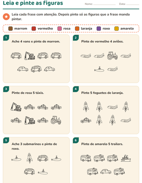 Pré-visualização da ficha de Leia e pinte com Veículos PB 2 para 1º ano do ensino fundamental