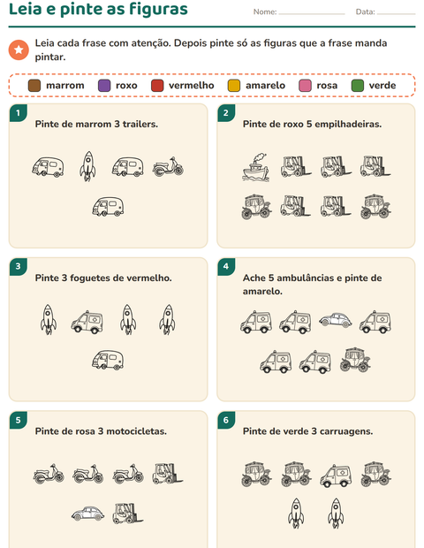 Pré-visualização da ficha de Leia e pinte com Veículos PB 3 para 1º ano do ensino fundamental