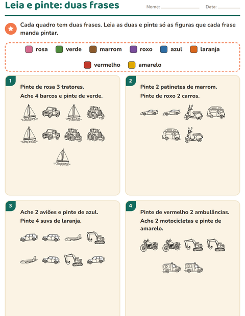 Pré-visualização da ficha de Leia e pinte com Veículos PB para 1º ano do ensino fundamental