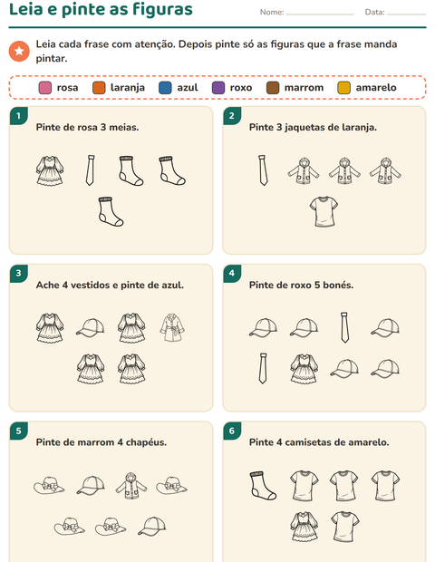 Pré-visualização da ficha de Leia e pinte com Vestuário PB para 1º ano do ensino fundamental